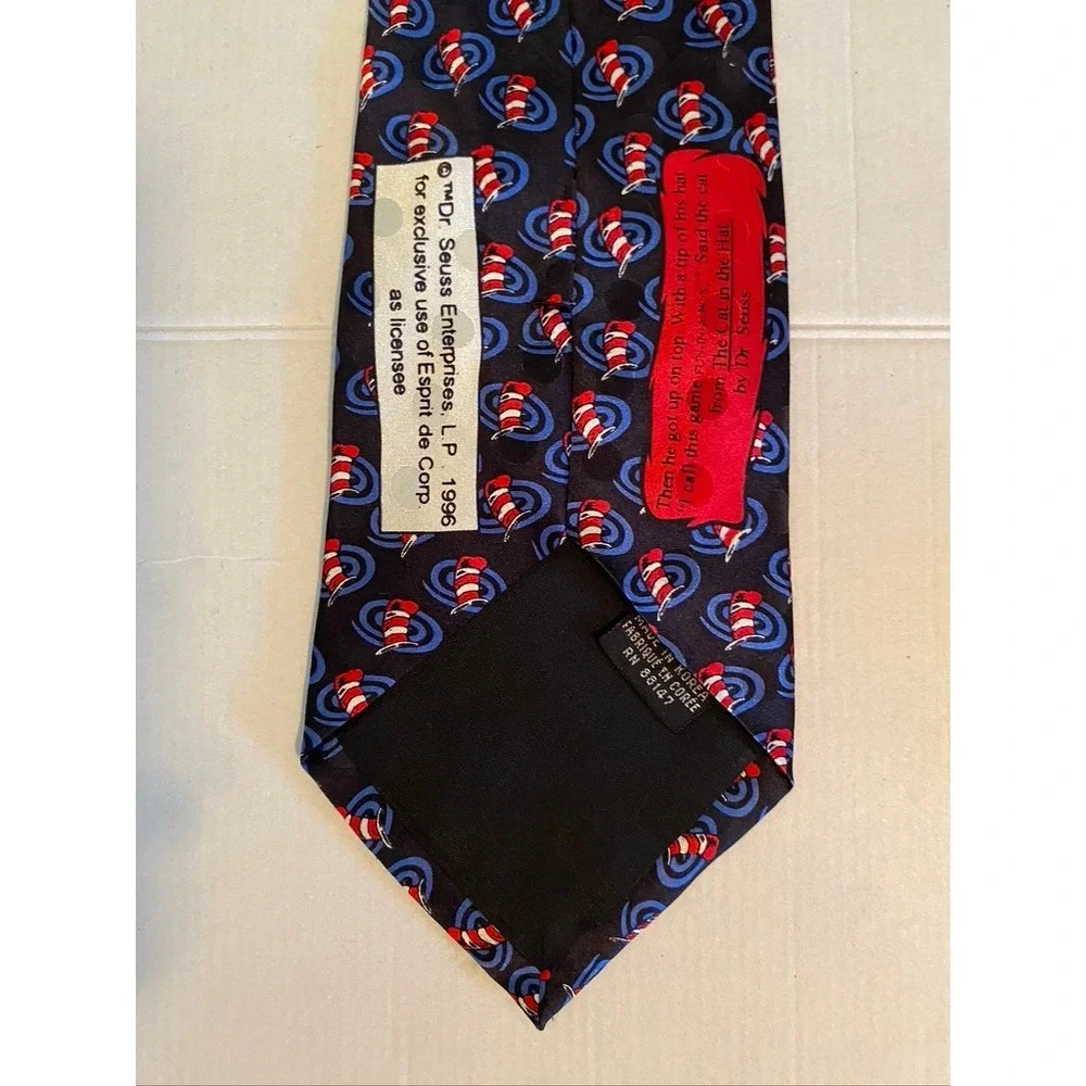 Vintage 1996 Dr Seuss Cat in the Hat Esprit de Corp Silk Tie Navy Blue Red 3348